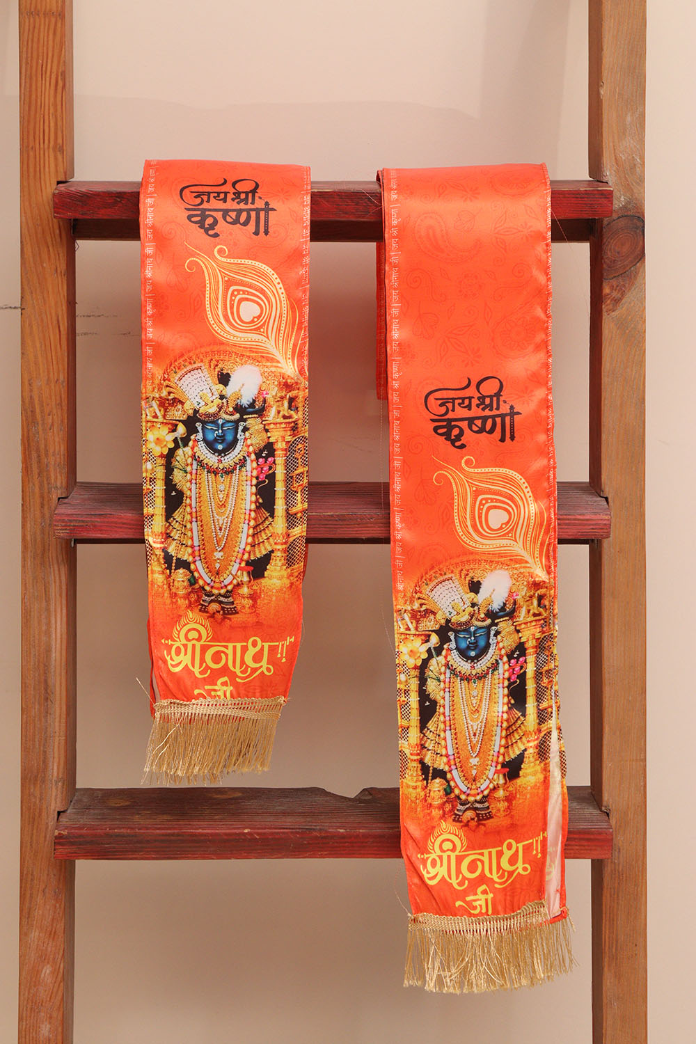 LUXURION WORLD Divine Stole/ Patka/ Khesh/ Shawl/ Dupatta – Shreenath ji Stoles || Satin Silk Cloth Print Unisex God Printed Scarf for Spiritual Wear ( With Handcrafted Lace ) - Luxurion World