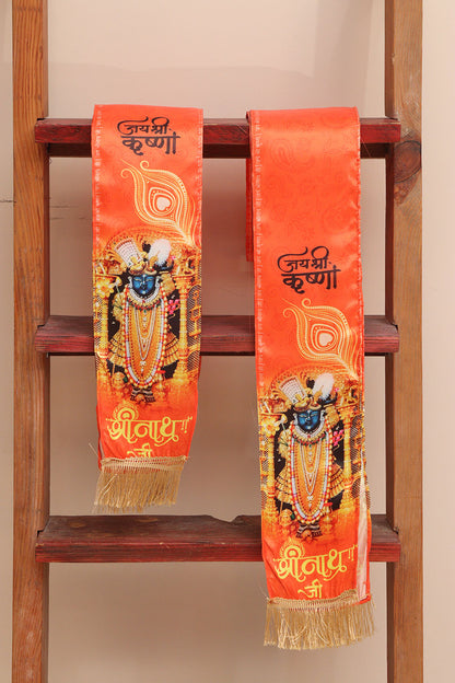 LUXURION WORLD Divine Stole/ Patka/ Khesh/ Shawl/ Dupatta – Shreenath ji Stoles || Satin Silk Cloth Print Unisex God Printed Scarf for Spiritual Wear ( With Handcrafted Lace ) - Luxurion World