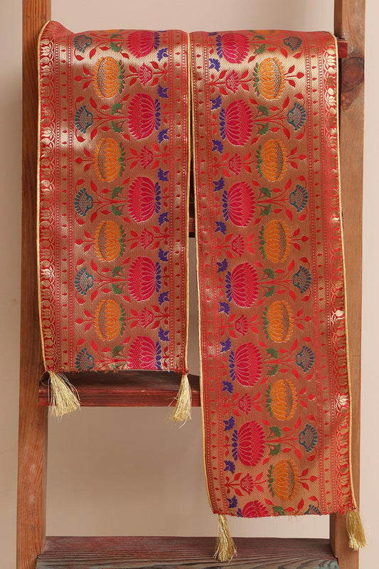 Luxurion World Customised Swagat Stole/Dupatta – Red Paithani Silk Flower Design Stole With a Beautifully Matching Tassel for Welcoming Guests at Weddings, Anniversaries or Grand Celebratory Occasions - Luxurion World