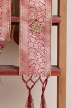 Luxurion World Customised Royal Swagat Stole ,Khesh, Patka, Gamcha, Dupatta – Elegant and Luxurious Red Banarasi Silk Stole With a Beautifully Matching Tassel & Brooch for Welcoming Guests at Weddings, Anniversaries or Grand Celebratory Occasions - Luxurion World