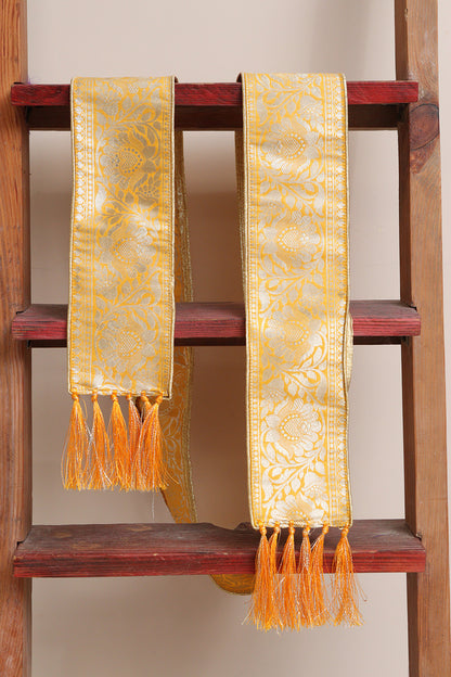 Luxurion World Customised Royal Swagat Stole ,Khesh, Patka, Gamcha, Dupatta – Elegant and Luxurious Yellow Banarasi Silk Stole With a Beautifully Matching Tassel & Brooch for Welcoming Guests at Weddings, Anniversaries or Grand Celebratory Occasions - Luxurion World