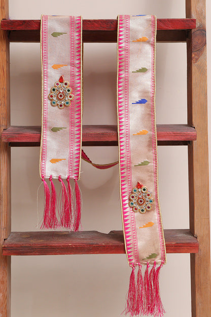 Luxurion World Customised Royal Swagat Stole/Dupatta – Elegant and Luxurious Pink Paithani Silk Muniya Border Stole With a Beautifully Matching Tassel & Brooch for Welcoming Guests at Weddings, Anniversaries or Grand Celebratory Occasions - Luxurion World