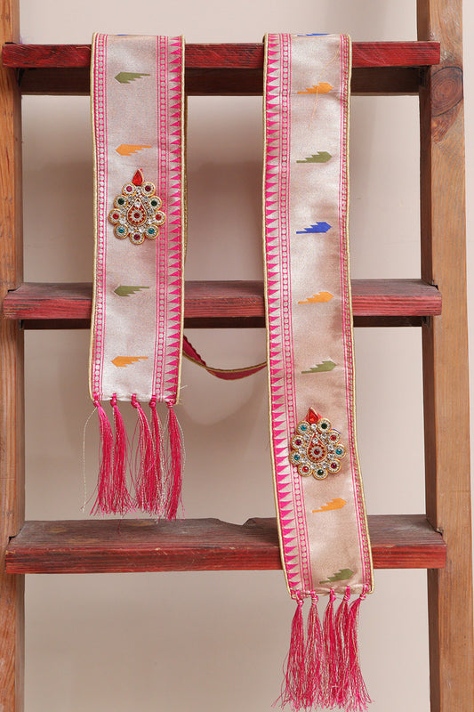 Luxurion World Customised Royal Swagat Stole/Dupatta – Elegant and Luxurious Pink Paithani Silk Muniya Border Stole With a Beautifully Matching Tassel & Brooch for Welcoming Guests at Weddings, Anniversaries or Grand Celebratory Occasions - Luxurion World