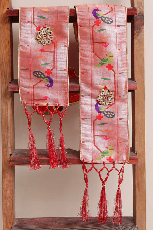 Luxurion World Customised Royal Swagat Stole/Dupatta – Elegant and Luxurious Red Paithani Silk with Peacock & Parrot Stole With a Beautifully Matching Tassel & Brooch for Welcoming Guests at Weddings, Anniversaries or Grand Celebratory Occasions - Luxurion World