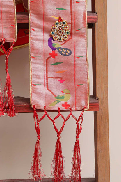 Luxurion World Customised Royal Swagat Stole/Dupatta – Elegant and Luxurious Red Paithani Silk with Peacock & Parrot Stole With a Beautifully Matching Tassel & Brooch for Welcoming Guests at Weddings, Anniversaries or Grand Celebratory Occasions - Luxurion World