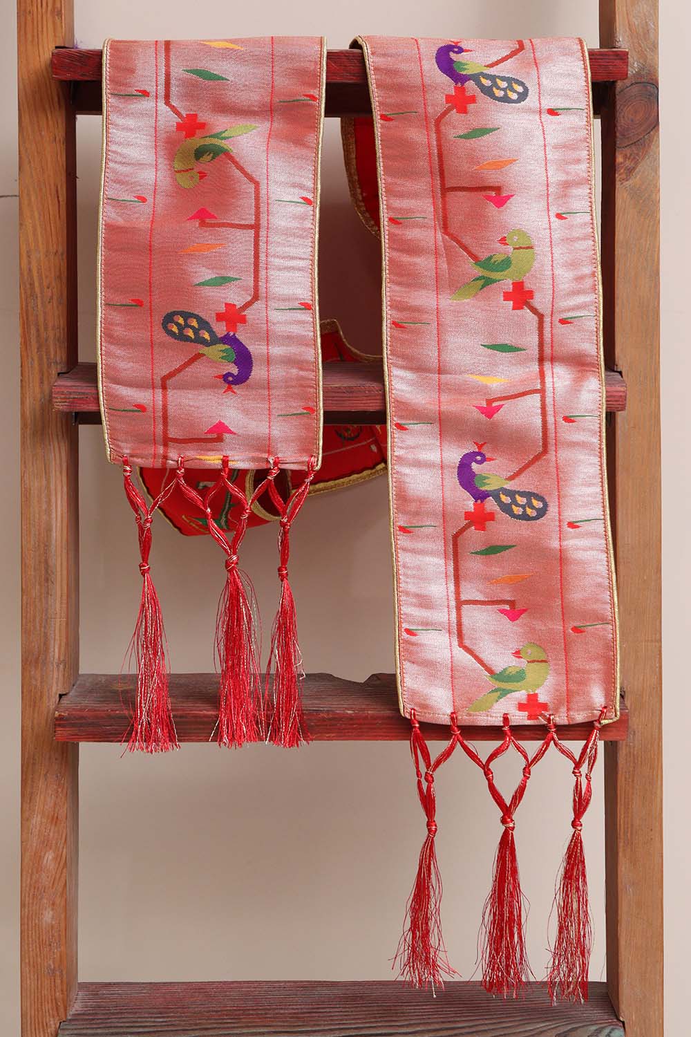 Luxurion World Customised Royal Swagat Stole/Dupatta – Elegant and Luxurious Red Paithani Silk with Peacock & Parrot Stole With a Beautifully Matching Tassel & Brooch for Welcoming Guests at Weddings, Anniversaries or Grand Celebratory Occasions - Luxurion World