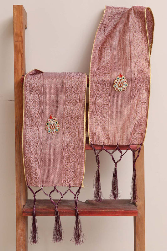 Luxurion World Customised Swagat Stole/Dupatta – Pink Banarasi Antique Zari Cotton Stole With a Beautifully Matching Tassel & Brooch for Welcoming Guests at Weddings, Anniversaries or Grand Celebratory Occasions - Luxurion World