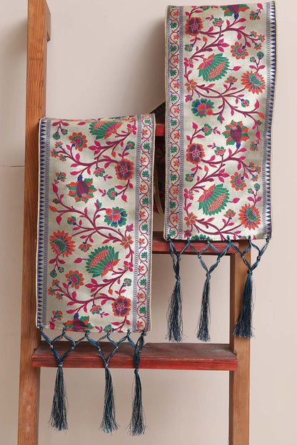 Luxurion World Customised Royal Swagat Stole/Dupatta – Elegant and Luxurious Blue Paithani Silk Flower Design Stole With a Beautifully Matching Tassel & Brooch for Welcoming Guests at Weddings, Anniversaries or Grand Celebratory Occasions - Luxurion World