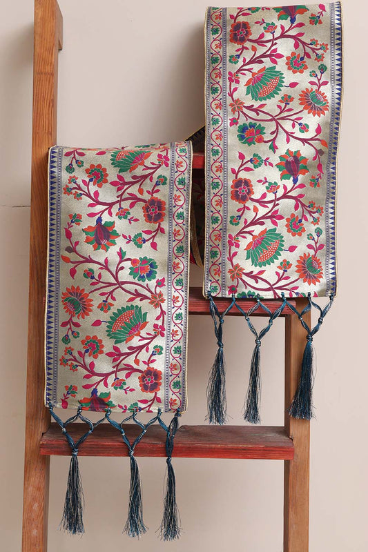 Luxurion World Customised Royal Swagat Stole/Dupatta – Elegant and Luxurious Blue Paithani Silk Flower Design Stole With a Beautifully Matching Tassel & Brooch for Welcoming Guests at Weddings, Anniversaries or Grand Celebratory Occasions - Luxurion World