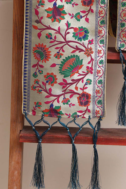 Luxurion World Customised Royal Swagat Stole/Dupatta – Elegant and Luxurious Blue Paithani Silk Flower Design Stole With a Beautifully Matching Tassel & Brooch for Welcoming Guests at Weddings, Anniversaries or Grand Celebratory Occasions - Luxurion World