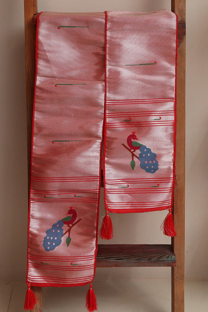 Luxurion World Customised Royal Swagat Stole/Dupatta – Elegant and Luxurious Red Paithani Silk with Peacock Stole With a Beautifully Matching Tassel for Welcoming Guests at Weddings, Anniversaries or Grand Celebratory Occasions - Luxurion World