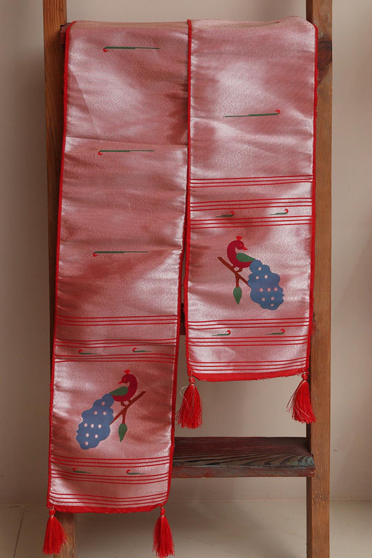 Luxurion World Customised Royal Swagat Stole/Dupatta – Elegant and Luxurious Red Paithani Silk with Peacock Stole With a Beautifully Matching Tassel for Welcoming Guests at Weddings, Anniversaries or Grand Celebratory Occasions - Luxurion World