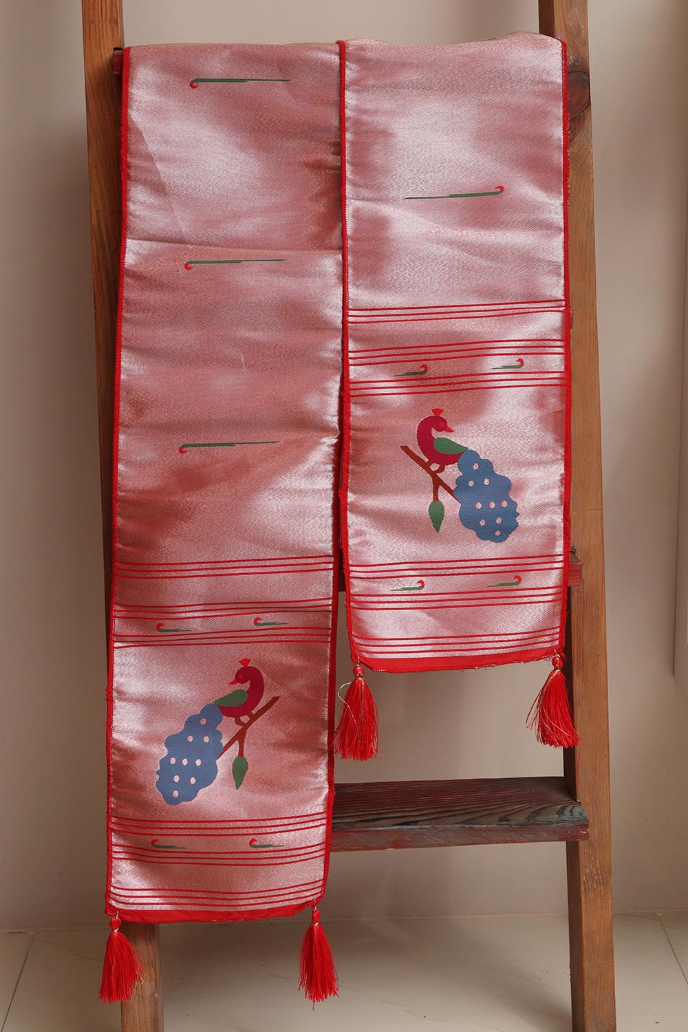 Luxurion World Customised Royal Swagat Stole/Dupatta – Elegant and Luxurious Red Paithani Silk with Peacock Stole With a Beautifully Matching Tassel for Welcoming Guests at Weddings, Anniversaries or Grand Celebratory Occasions - Luxurion World