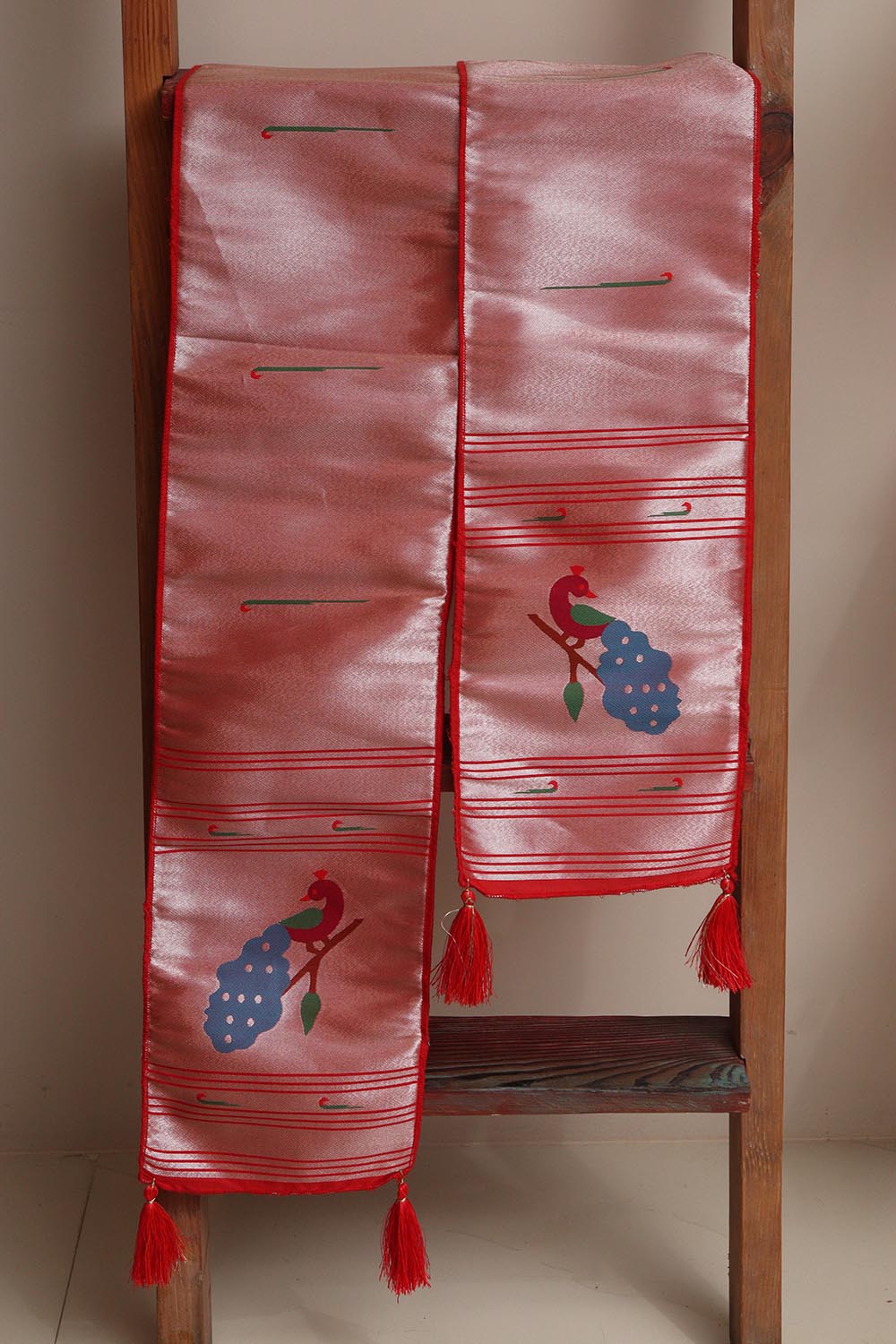 Luxurion World Customised Royal Swagat Stole/Dupatta – Elegant and Luxurious Red Paithani Silk with Peacock Stole With a Beautifully Matching Tassel for Welcoming Guests at Weddings, Anniversaries or Grand Celebratory Occasions - Luxurion World