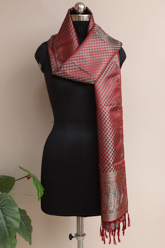 Elegant Maroon Banarasi Silk Tanchui jamawar Stole - Luxurion World