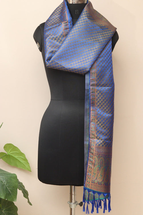 Elegant Blue Banarasi Silk Tanchui Jamawar Stole - Luxurion World- Crafted Heirlooms
