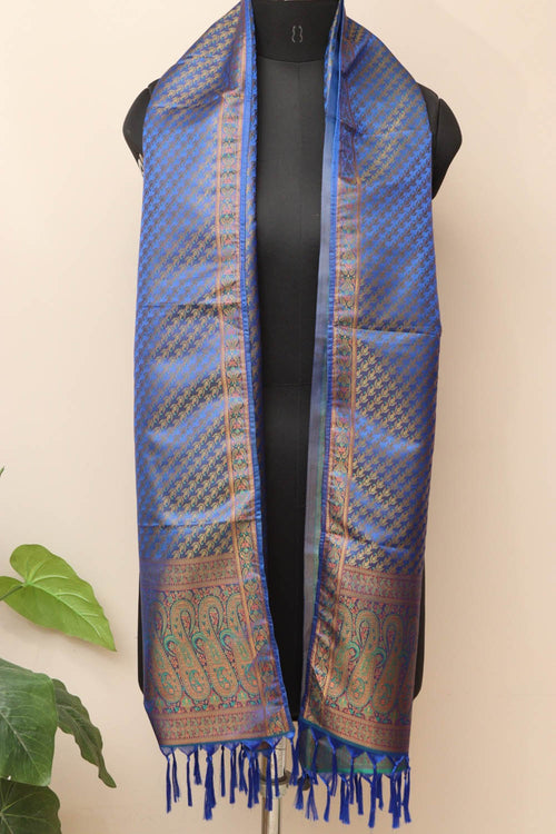 Elegant Blue Banarasi Silk Tanchui Jamawar Stole - Luxurion World- Crafted Heirlooms