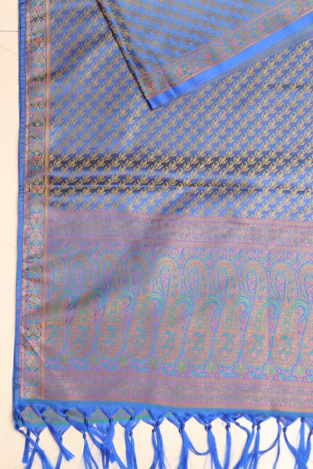 Elegant Blue Banarasi Silk Tanchui Jamawar Stole - Luxurion World- Crafted Heirlooms