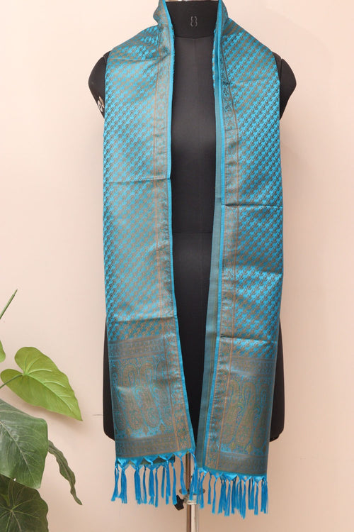 Blue Banarasi Silk Tanchui Jamawar Stole - Elegant and Luxurious - Luxurion World- Crafted Heirlooms