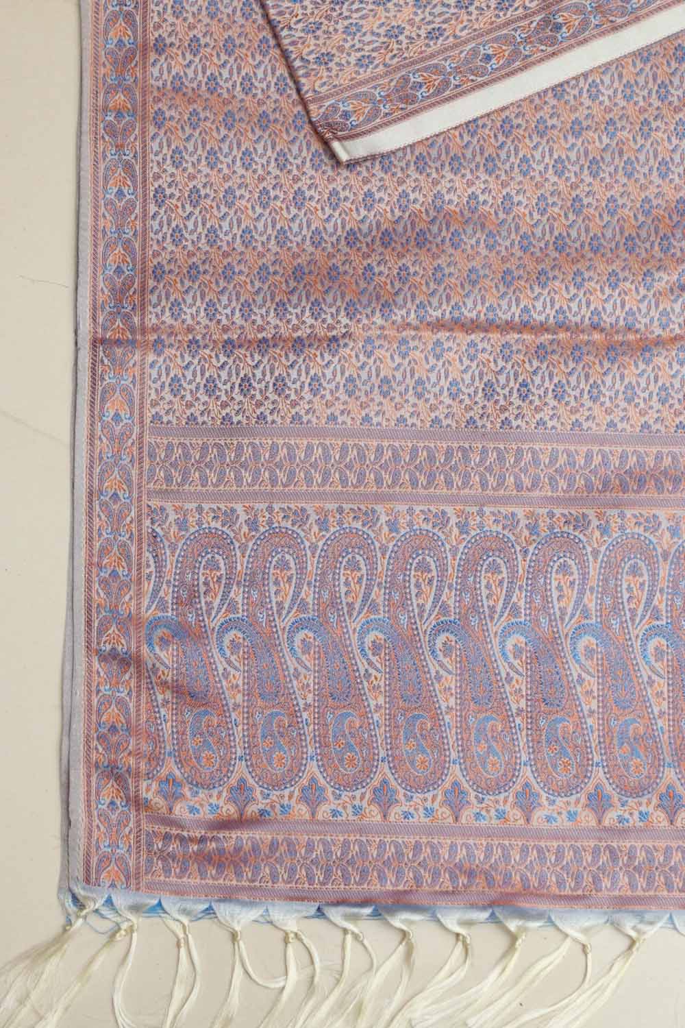 Elegant Blue Banarasi Silk Tanchui Jamawar Stole - Luxurion World- Crafted Heirlooms