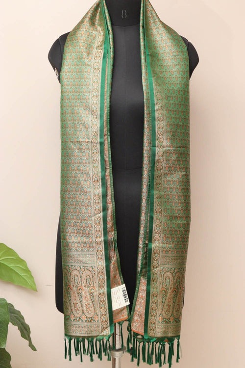 Elegant Green Banarasi Silk Tanchui Jamawar Stole - Luxurion World- Crafted Heirlooms