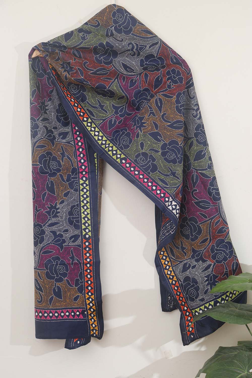 Blue Silk Stole with Hand Embroidery: Kantha Bangalore Beauty - Luxurion World