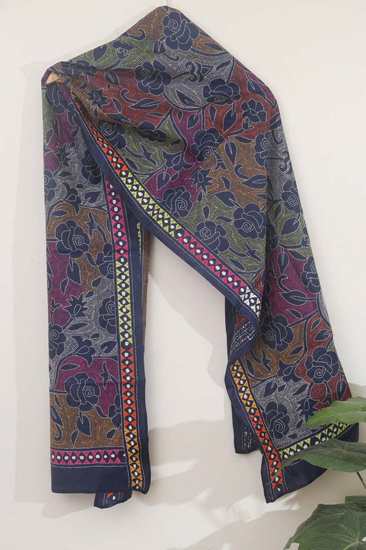 Blue Silk Stole with Hand Embroidery: Kantha Bangalore Beauty - Luxurion World