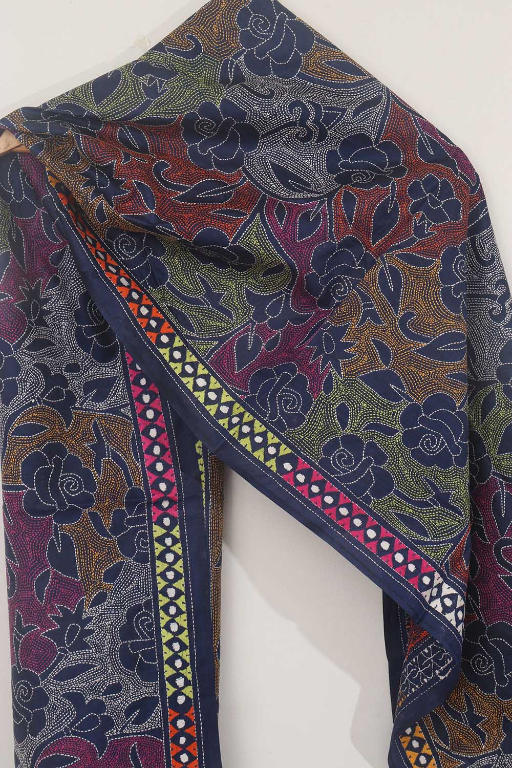 Blue Silk Stole with Hand Embroidery: Kantha Bangalore Beauty - Luxurion World