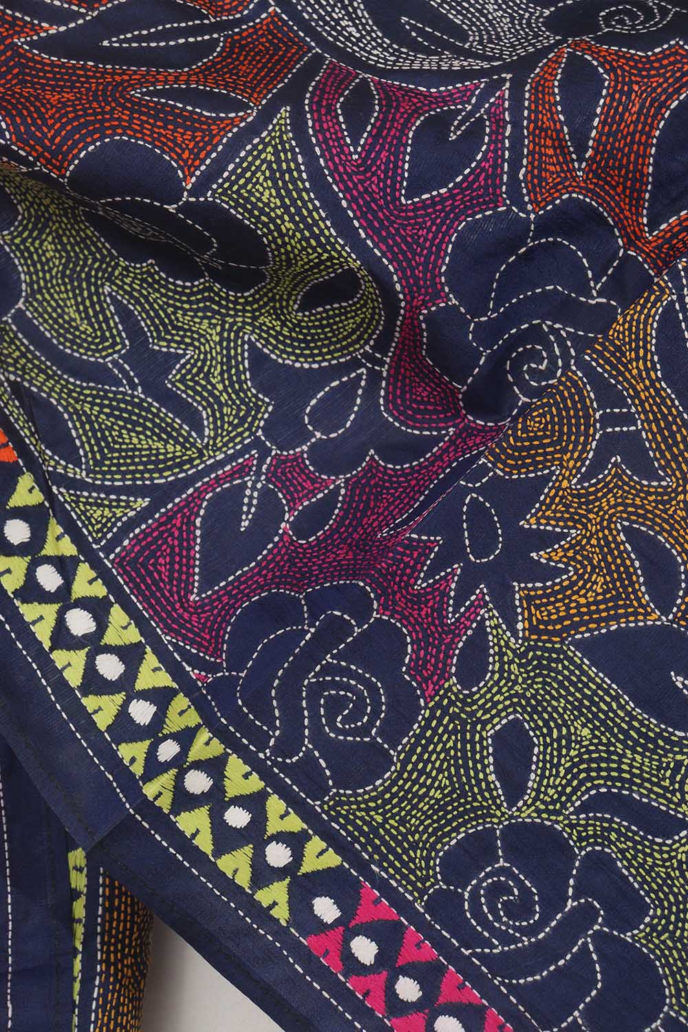Blue Silk Stole with Hand Embroidery: Kantha Bangalore Beauty - Luxurion World