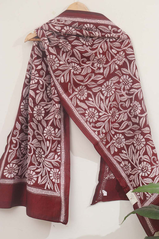 Elegant Maroon Kantha Silk Stole with Hand Embroidery