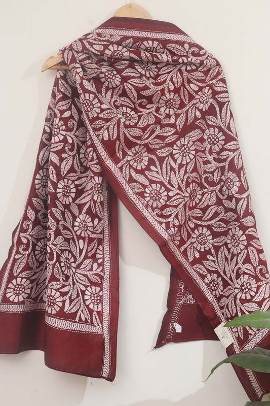 Elegant Maroon Kantha Silk Stole with Hand Embroidery - Luxurion World