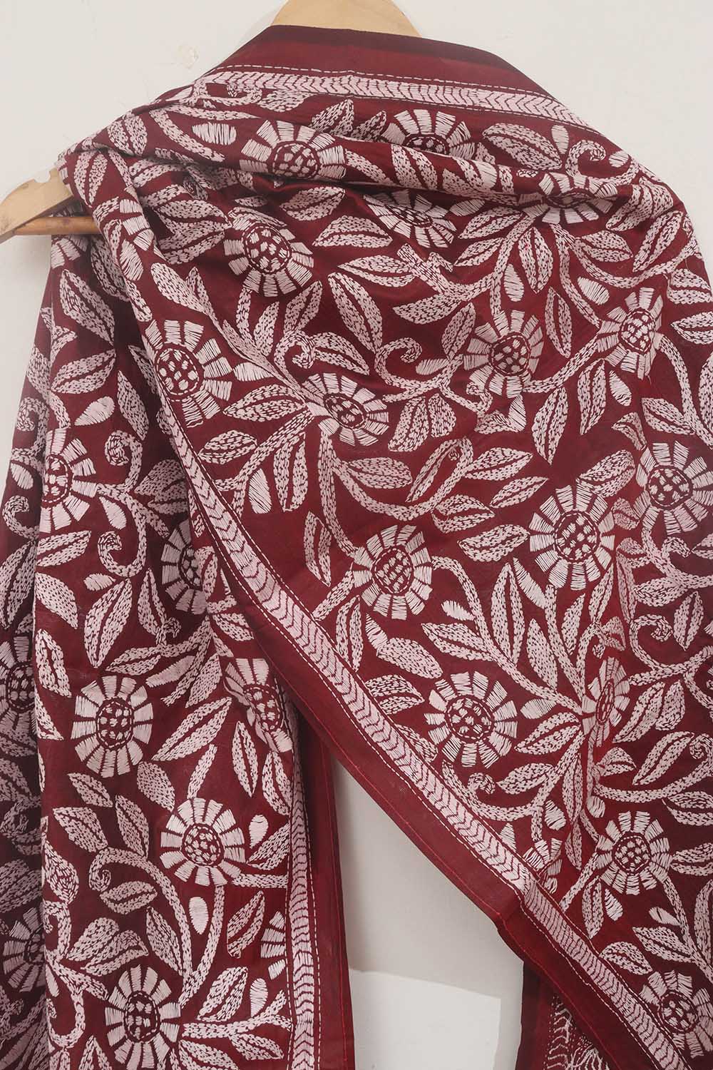Elegant Maroon Kantha Silk Stole with Hand Embroidery - Luxurion World