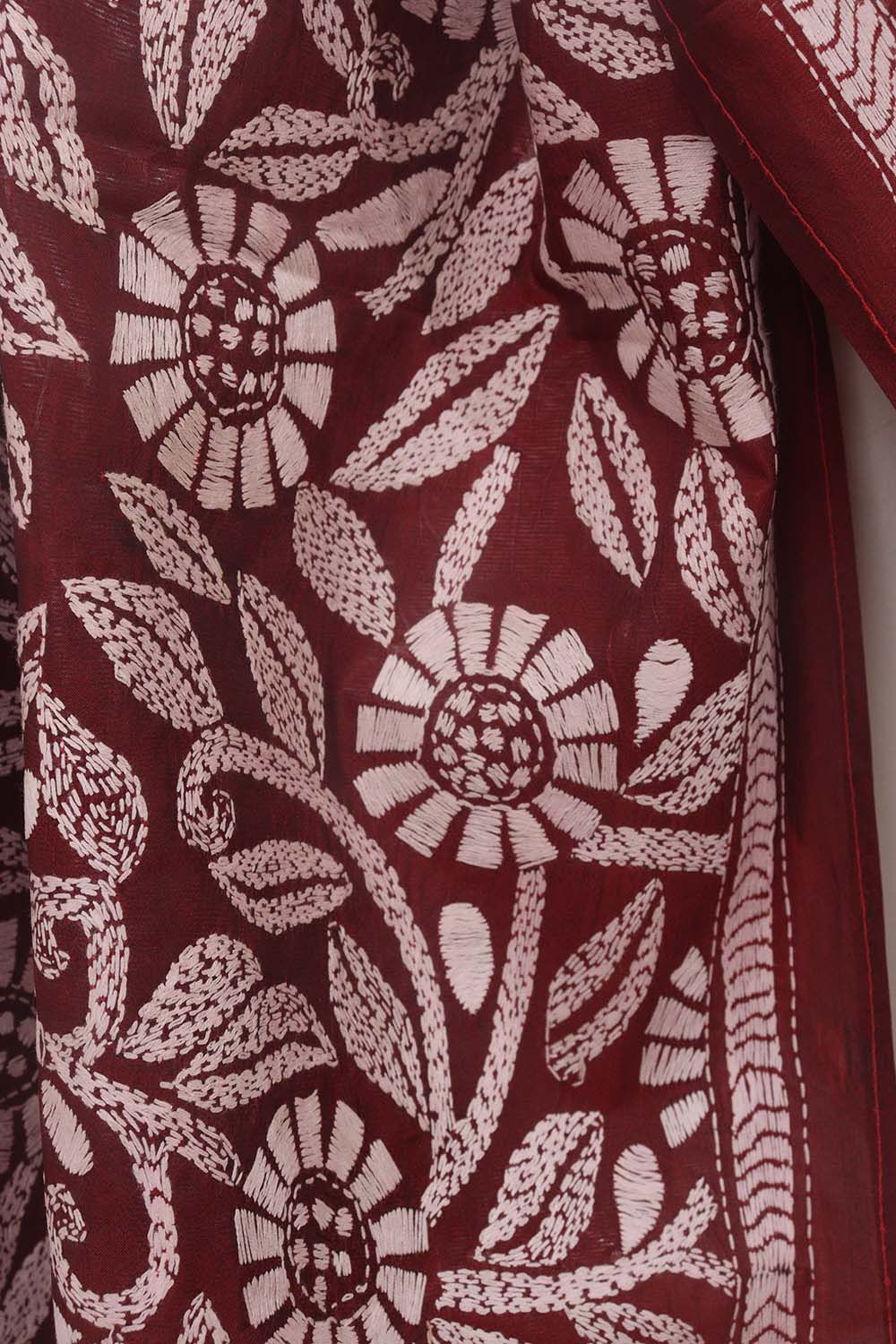 Elegant Maroon Kantha Silk Stole with Hand Embroidery - Luxurion World