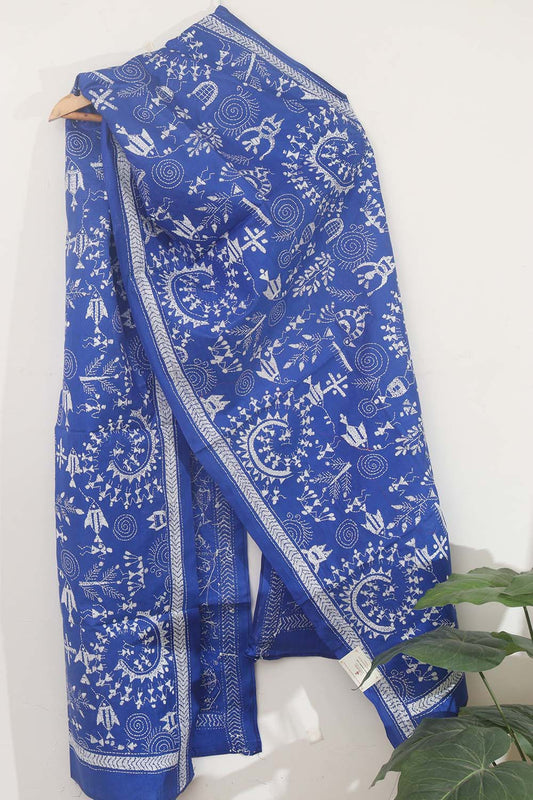 Blue Kantha Silk Stole with Hand Embroidery