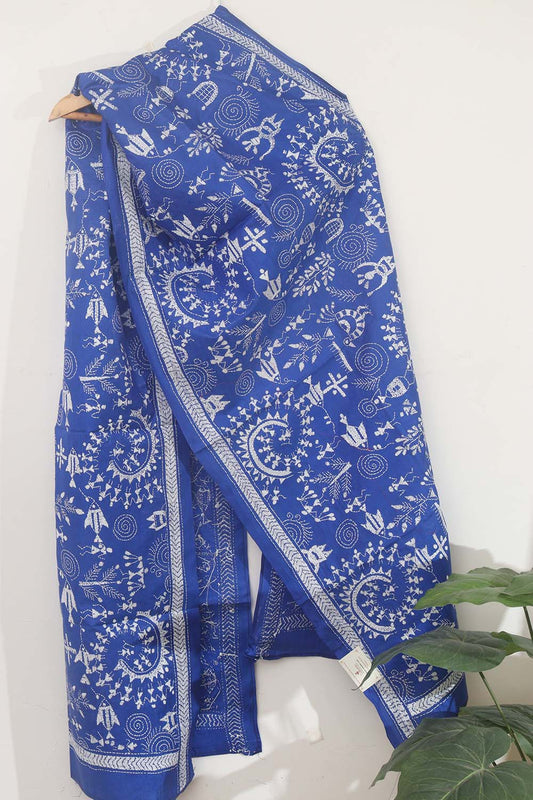Blue Kantha Silk Stole with Hand Embroidery - Luxurion World