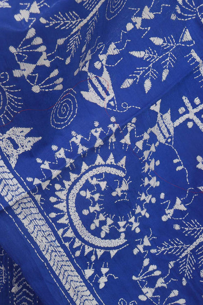 Blue Kantha Silk Stole with Hand Embroidery - Luxurion World