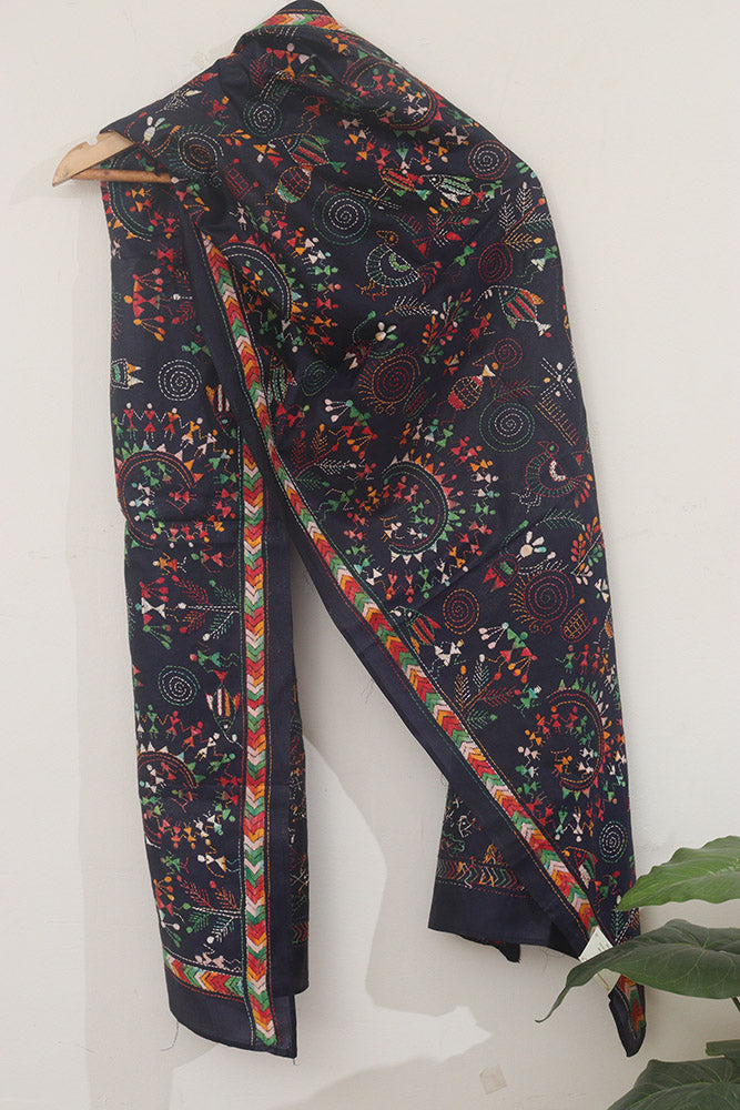 Luxurious Black Hand Embroidered Kantha Pure Bangalore Silk Stole - Luxurion World