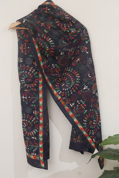 Luxurious Black Hand Embroidered Kantha Pure Bangalore Silk Stole - Luxurion World