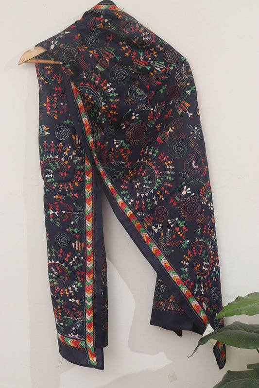 Luxurious Black Hand Embroidered Kantha Pure Bangalore Silk Stole - Luxurion World