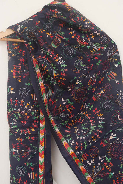 Luxurious Black Hand Embroidered Kantha Pure Bangalore Silk Stole - Luxurion World