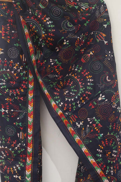 Luxurious Black Hand Embroidered Kantha Pure Bangalore Silk Stole - Luxurion World