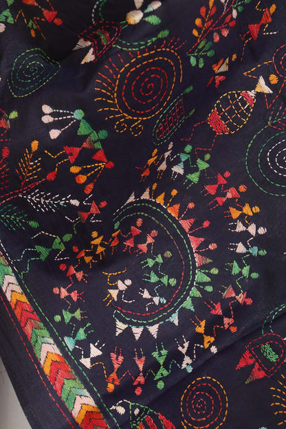 Luxurious Black Hand Embroidered Kantha Pure Bangalore Silk Stole - Luxurion World