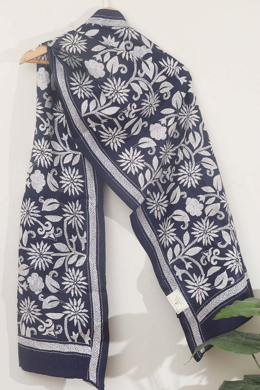 Exquisite Blue Kantha Silk Stole: Hand Embroidered, Pure Bangalore Silk - Luxurion World