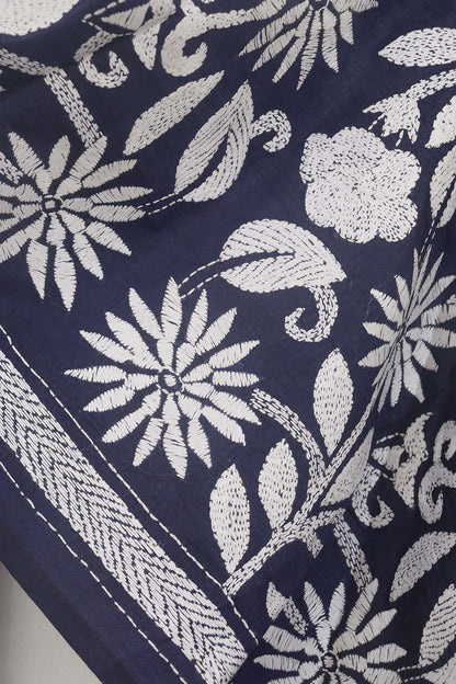 Exquisite Blue Kantha Silk Stole: Hand Embroidered, Pure Bangalore Silk - Luxurion World