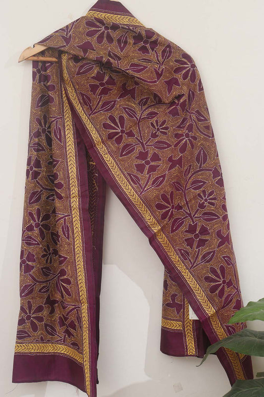 Exquisite Purple Kantha Silk Stole: Hand-Embroidered Bangalore Beauty