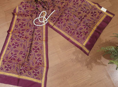 Exquisite Purple Kantha Silk Stole: Hand-Embroidered Bangalore Beauty - Luxurion World