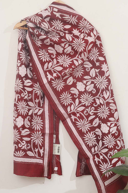 Exquisite Maroon Kantha Silk Stole: Hand Embroidered & Pure Bangalore Silk
