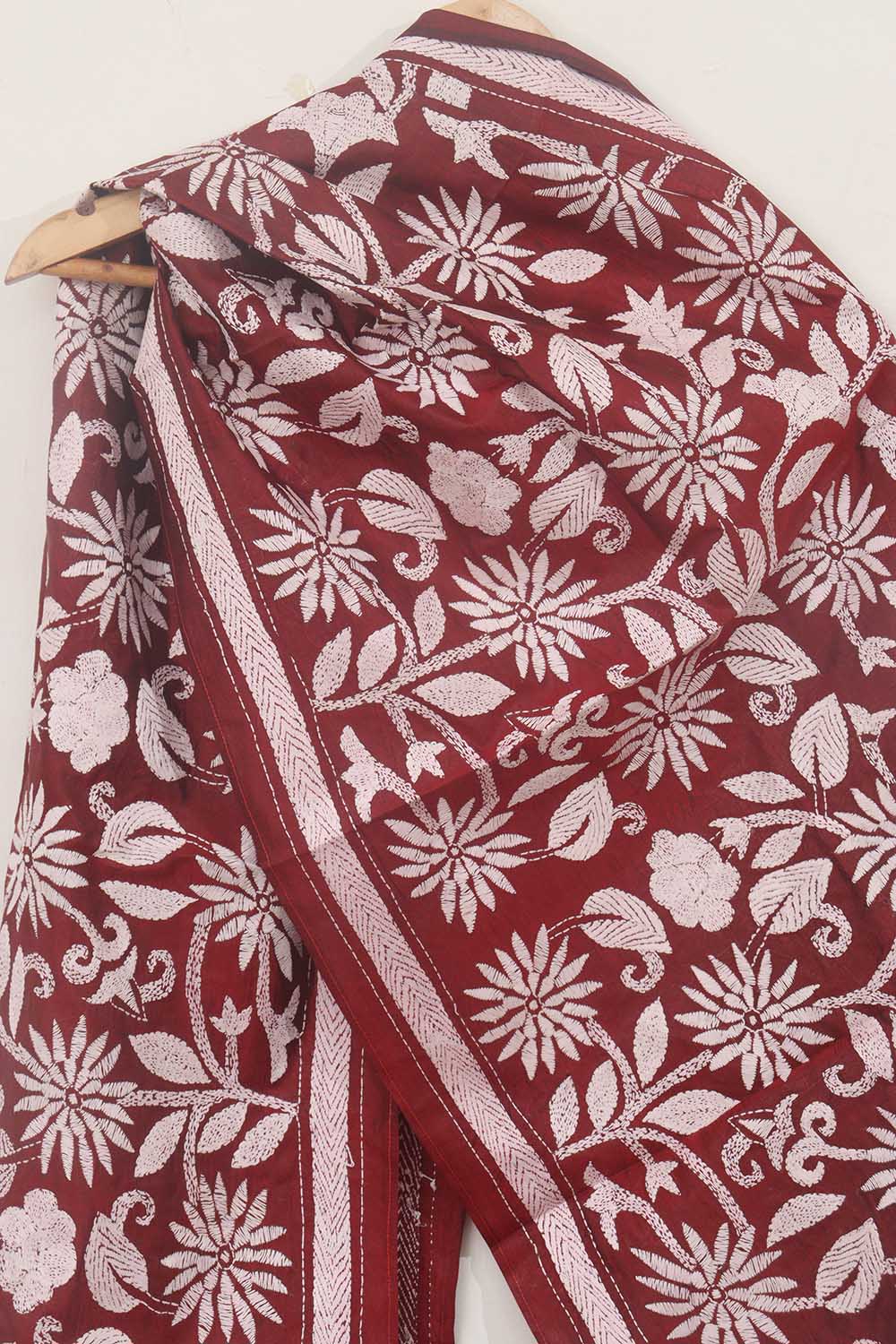 Exquisite Maroon Kantha Silk Stole: Hand Embroidered & Pure Bangalore Silk - Luxurion World