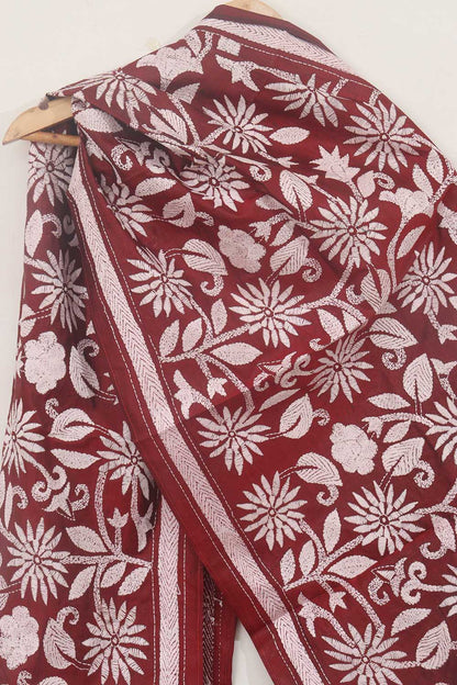 Exquisite Maroon Kantha Silk Stole: Hand Embroidered & Pure Bangalore Silk - Luxurion World
