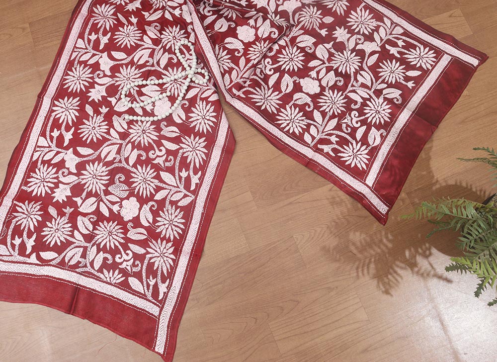 Exquisite Maroon Kantha Silk Stole: Hand Embroidered & Pure Bangalore Silk - Luxurion World